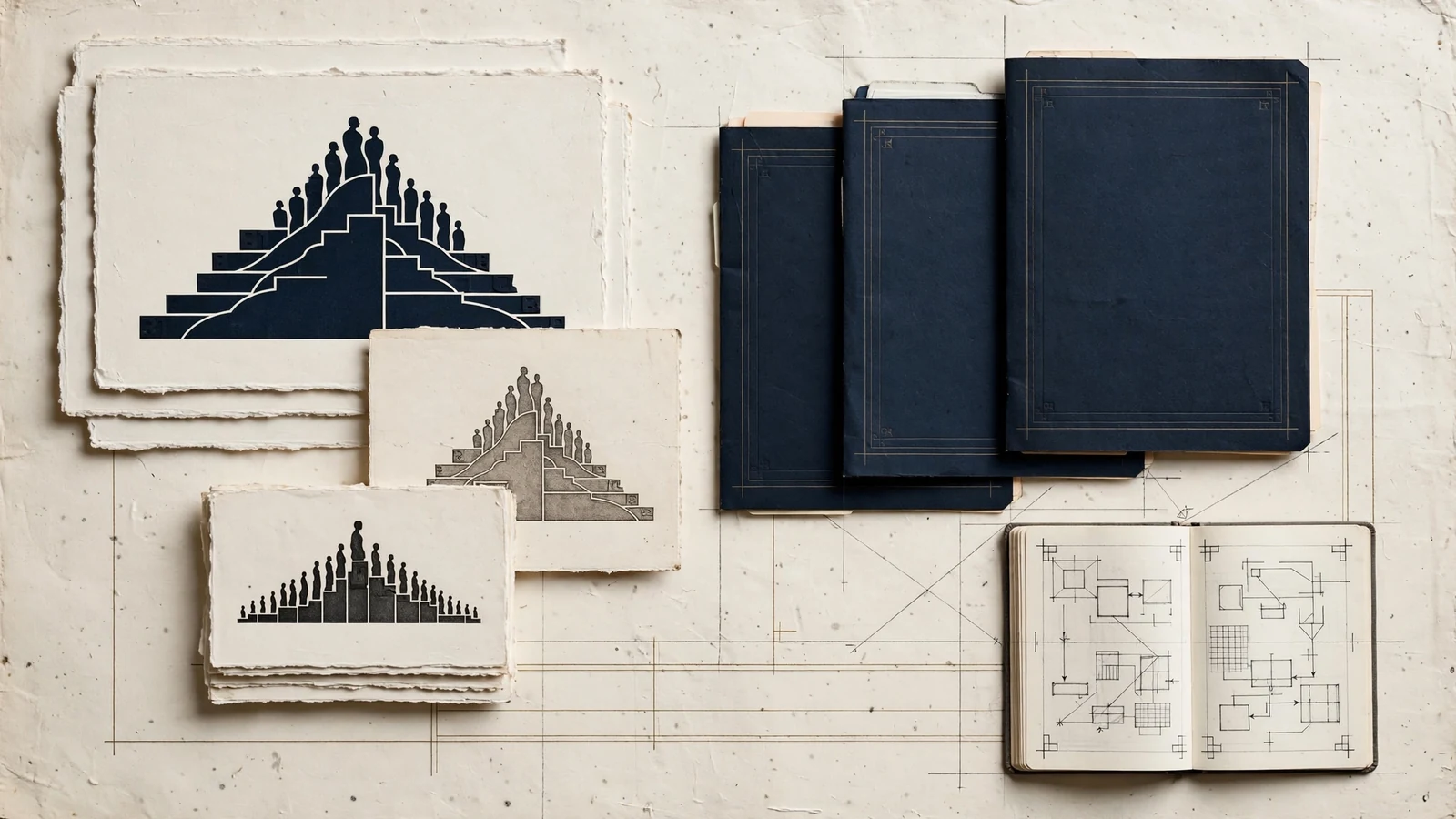 Archival population age profiles beside health service planning folders and a methodology notebook