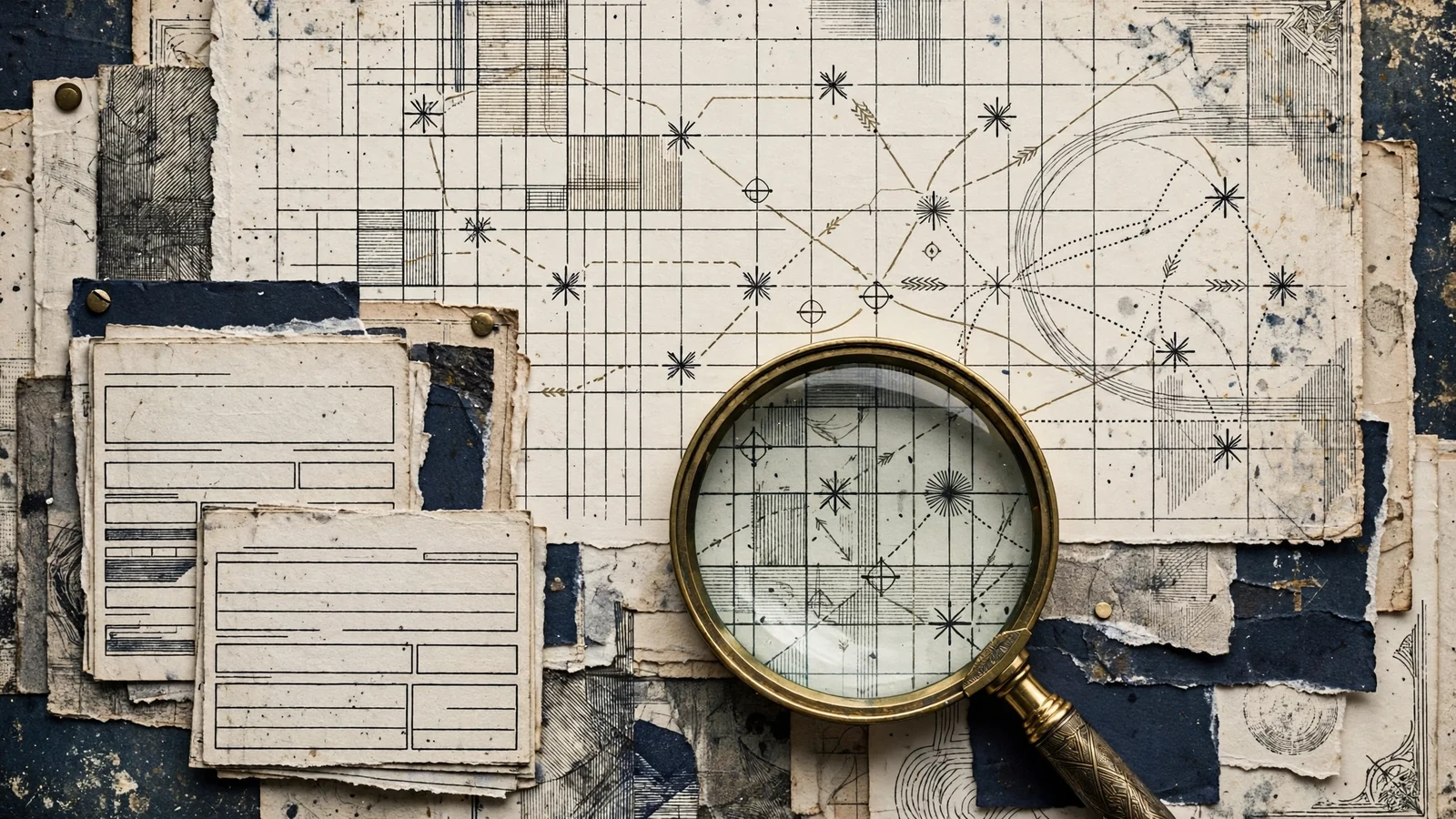 Abstract regional facility network, blank records and a brass magnifying glass on layered paper