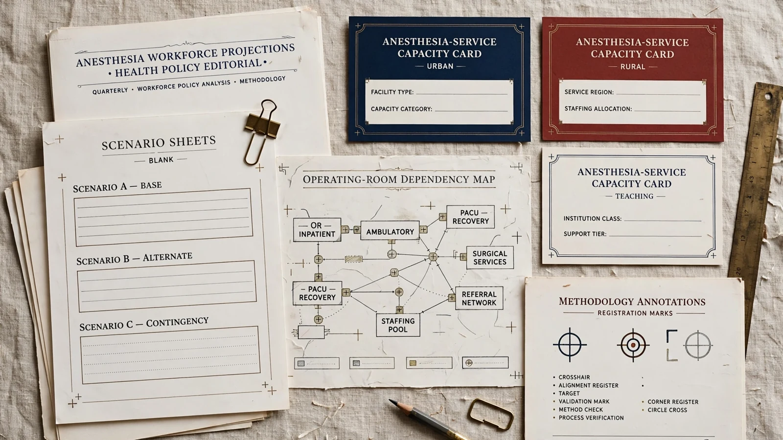 Anesthesia workforce scenario sheets, service capacity cards and an operating room dependency map