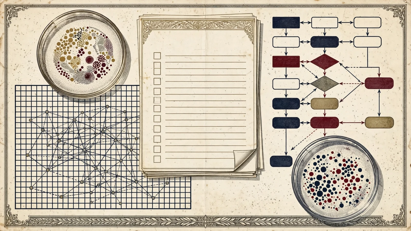 Antimicrobial stewardship evidence collage with culture plates, surveillance grid and decision pathway