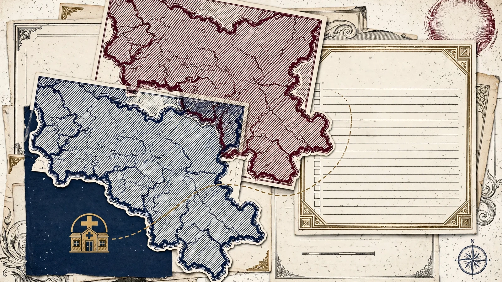 Layered regional maps, blank workforce records and a rural health facility marker