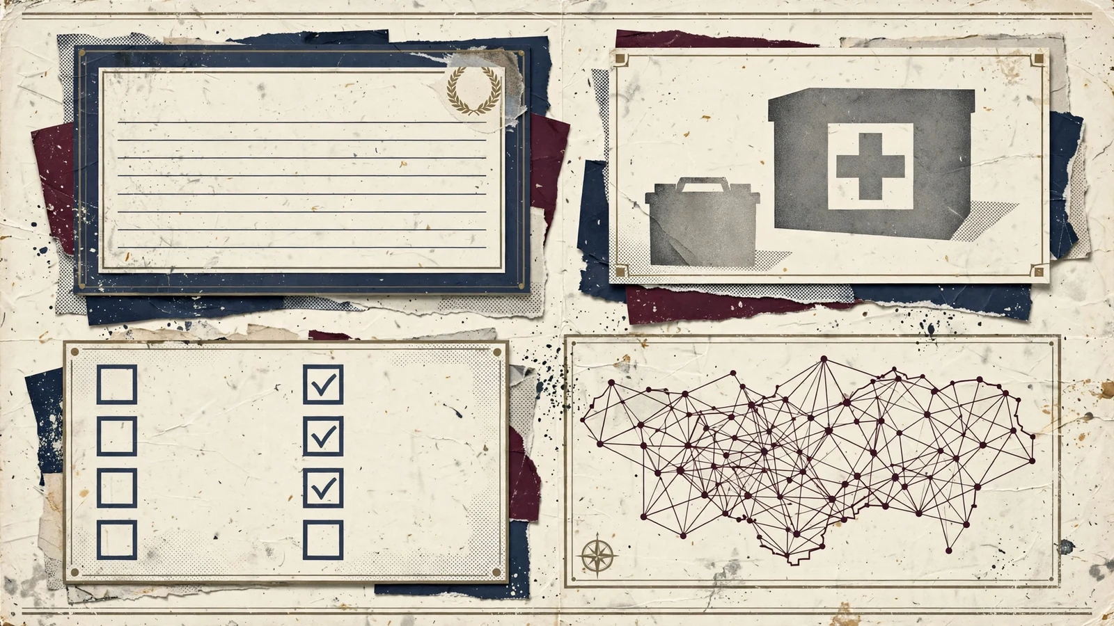 Drug safety review collage with blank notice, medical supply case, checklist and distribution network