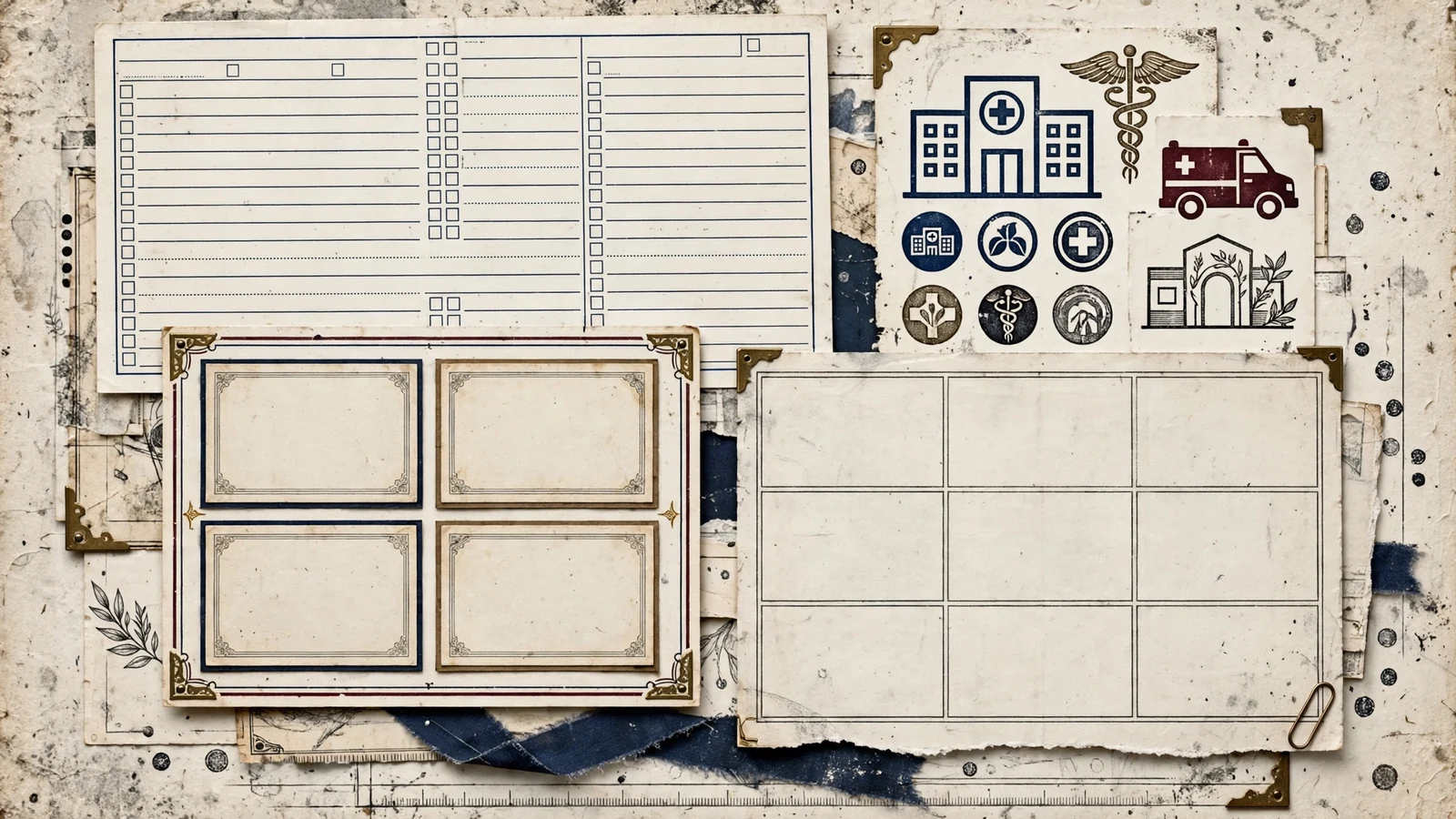 Blank policy records, health system symbols and an implementation planning grid