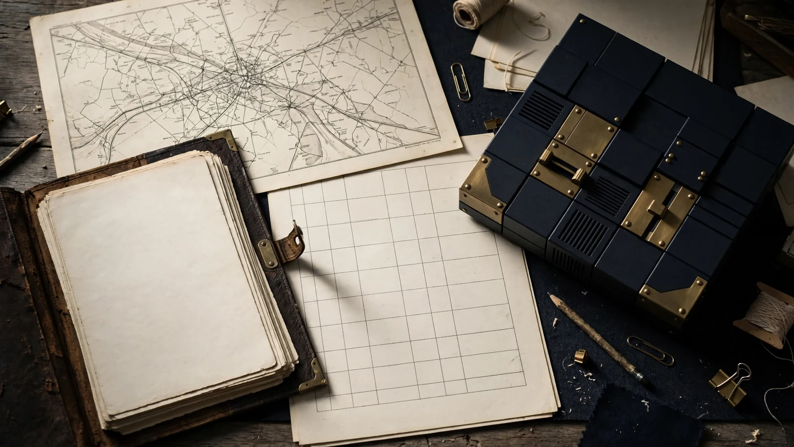 Archival training records, blank pipeline grid and modular placement model on a research desk