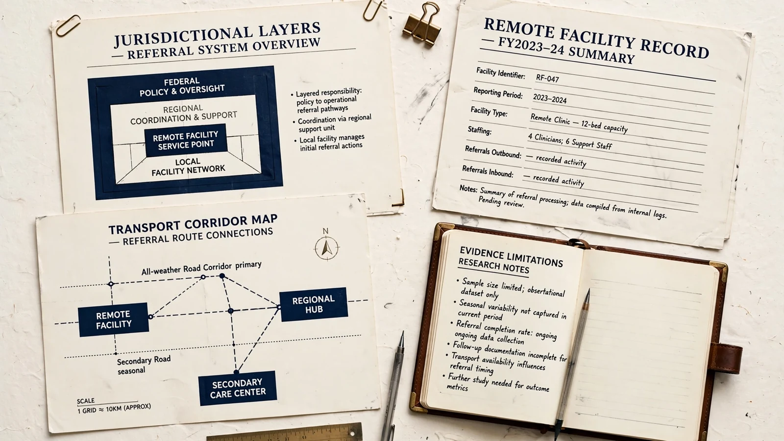 Jurisdictional referral records, remote facility summary, transport map and limitations notebook