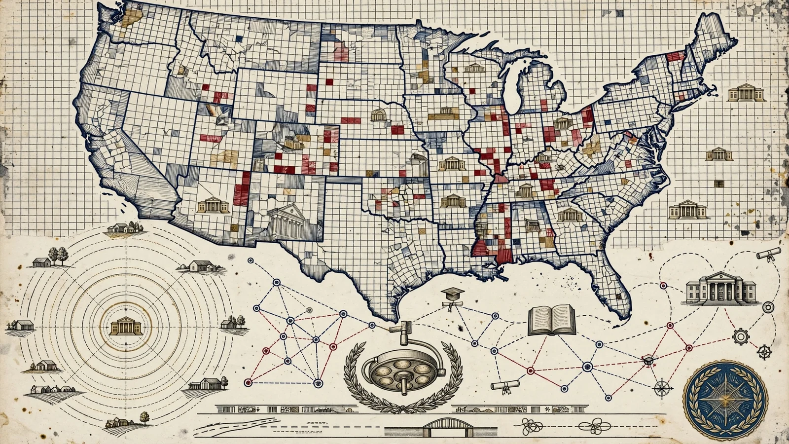 Stylized United States access grid with transit, institutional and service network layers