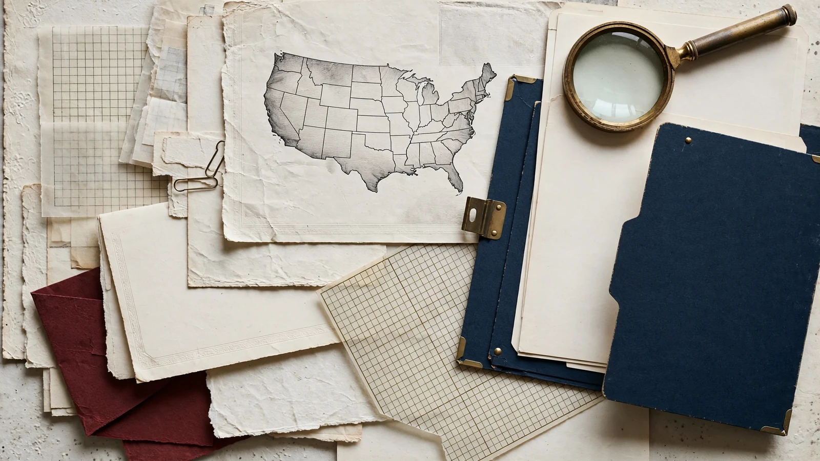 Blank evidence papers, engraved United States map, navy folders and a brass magnifying glass.