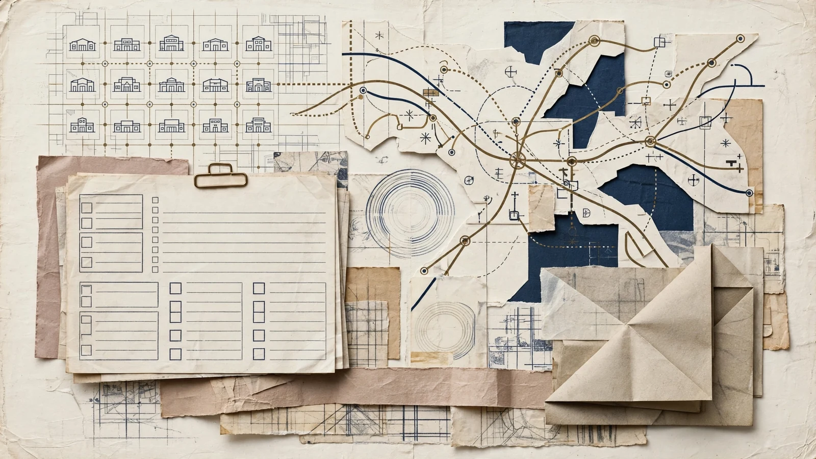 Blank outpatient records, facility grid and abstract service pathways on layered paper
