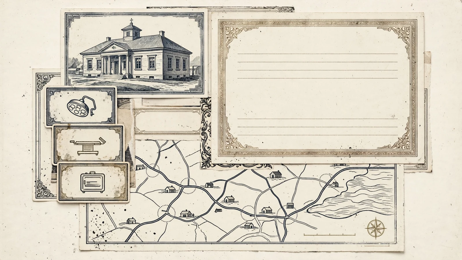 Rural facility map, surgical capability cards and a blank access record