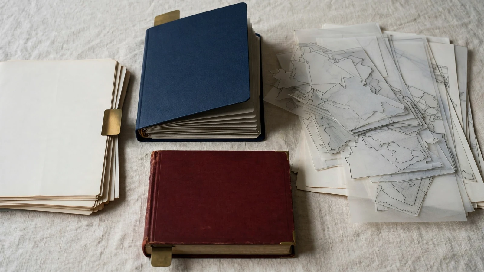 Layered rural and urban boundary maps beside navy, oxblood and ivory codebooks