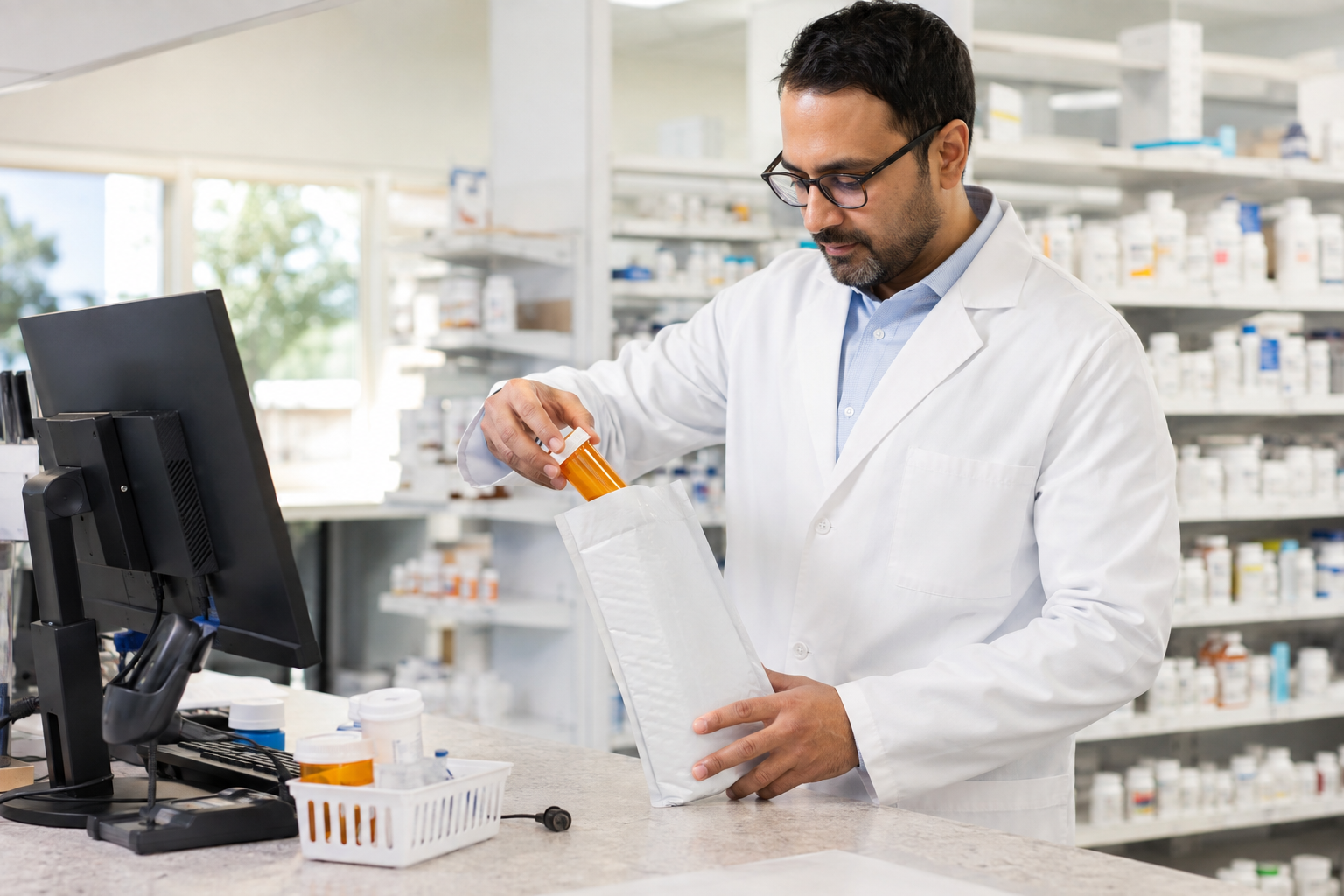 Pharmacist preparing a prescription refill for mail delivery