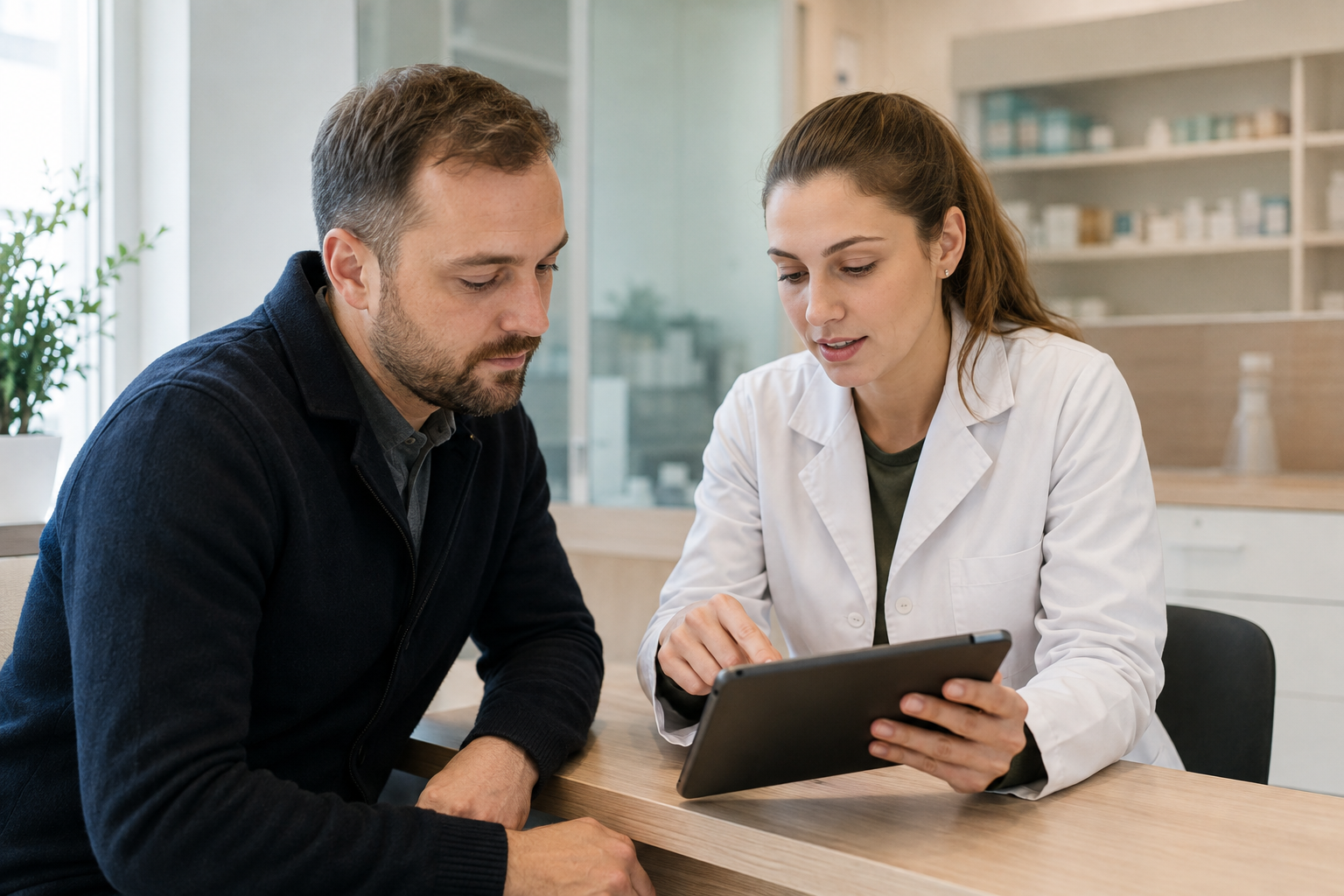 Pharmacist helping a patient complete mail-service registration