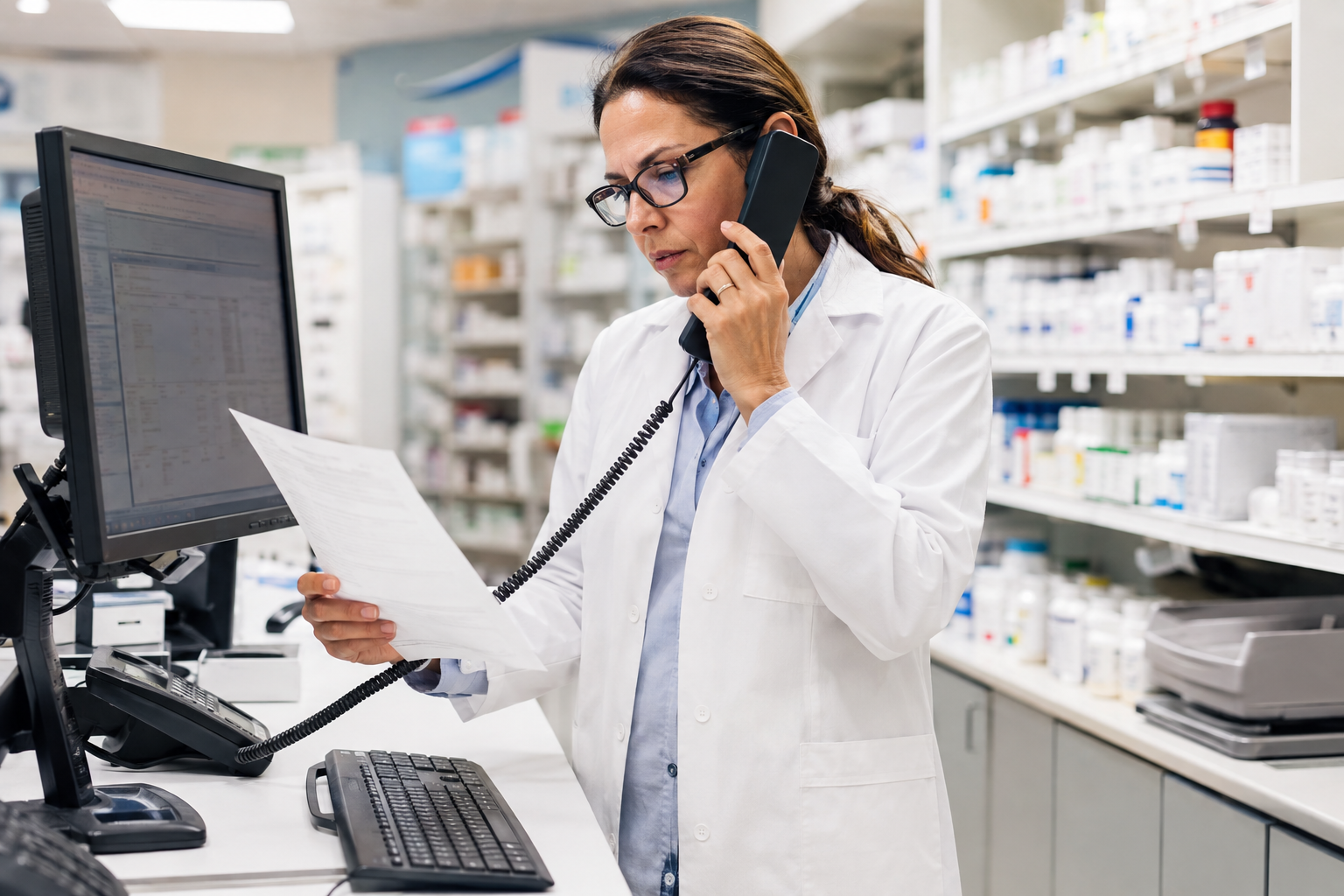 Pharmacist coordinating a prescription transfer