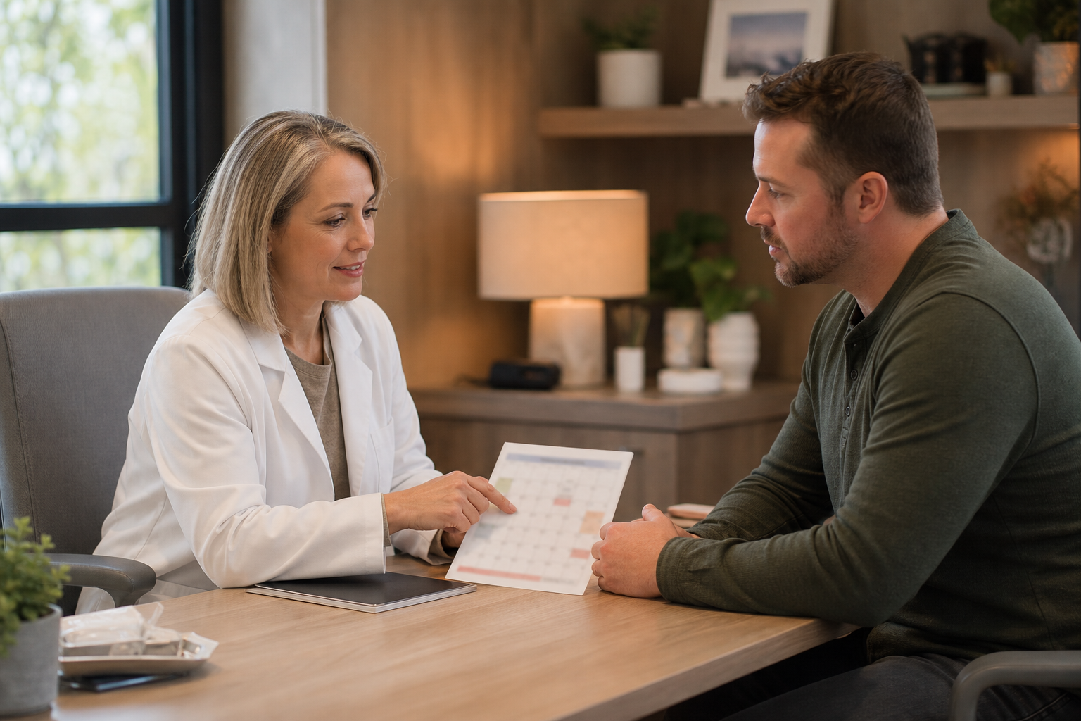 Pharmacist answering a patient's prescription refill questions